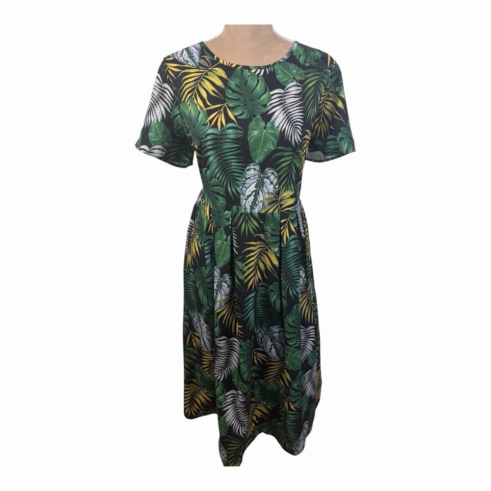 BloomChic Tropical Leaf Print Midi Dress Womens Size 12 Green Black